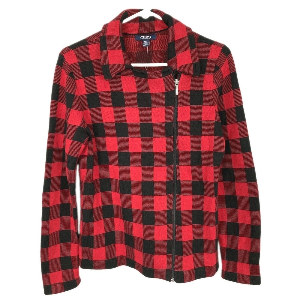 Chaps Cardigan Sweater Women M Buffalo Plaid Collared Side Full Zip Cotton NWT